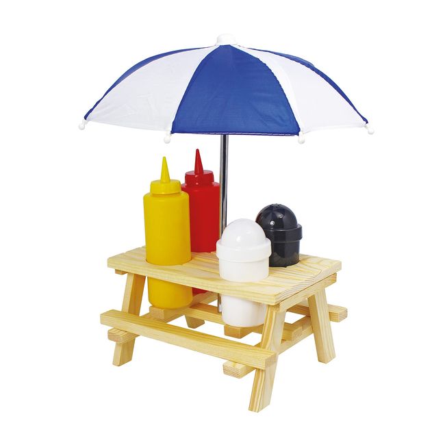 Küchenprofi Picnic Table with Umbrella Condiment Set Includes Ketchup, Mustard, Salt and Pepper, 7.08" x 4.72" x 9.44", Multicolored