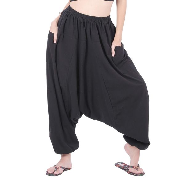 CandyHusky 100% Cotton Hippie Gypsy Boho Baggy Pants Harem Pants for Men Women Yoga Pants Aladdin Pants One Size Fits Most-Black