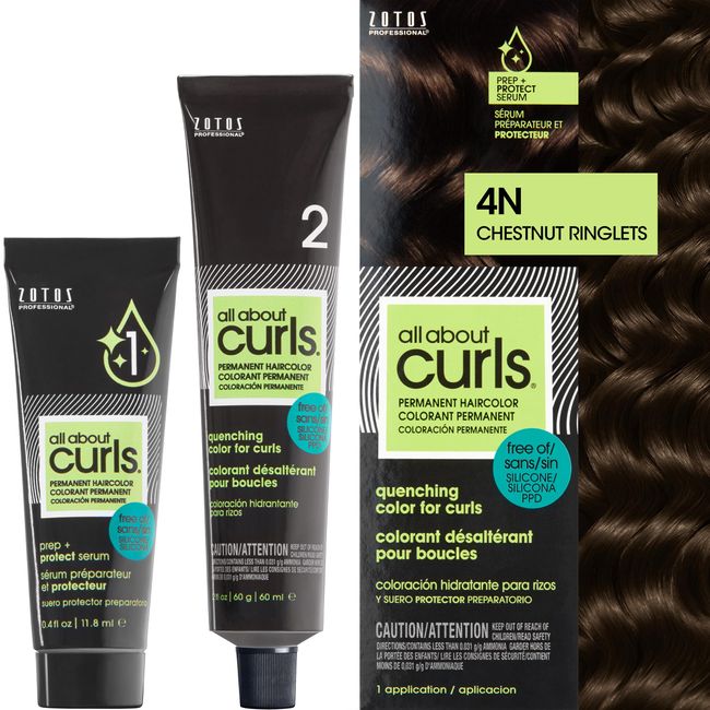 All About Curls 4N Chestnut Ringlets Permanent Hair Color (Prep + Protect Serum & Hair Dye for Curly Hair) - 100% Grey Coverage, Nourished & Radiant Curls