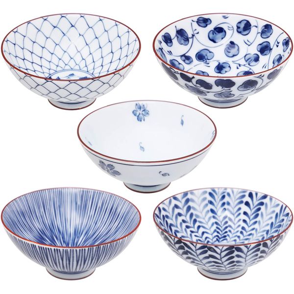 Mino Ware Japanese Pottery Set – Traditional Japanese Rice Bowls – Blue and White Asian Bowls – Hand Painted Bowls – Premium Japanese Ceramic – 5 pieces Japanese Soup Bowl Set