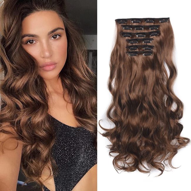 KARLOR Clip in Extensions, 6 Pcs Gewellt Haarverlängerungen 16 Clips 50cm, Haarteile Kunsthaar wie Echthaar Günstig Haarteile Perückenteile Haarextension Lang Synthetisch Damen(hellbraun-gewellt)