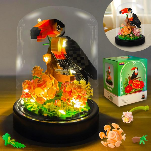 Topdear Flower Parrot Bouquet Building Set with LED String Light and Dust Cover, 660 Pcs Animals Mini Bricks Building Blocks Toy for Kids, Adults, Gift for Mother's Day, Christmas(Black)