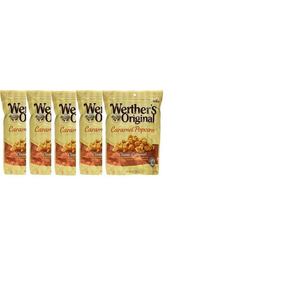 Werther's, Original, Caramel Popcorn, Classic Caramel, 6 Ounce Bag (Pack of 5) with 1 Free bag of werther's Chewy Sugar free bag candy