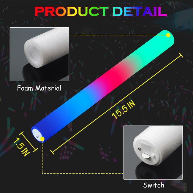 10/15/30Pcs Bulk Colorful LED Glow Sticks RGB LED Glow Foam Stick Stick Glow  Sticks Cheer Tube Dark Light for Party Supplies