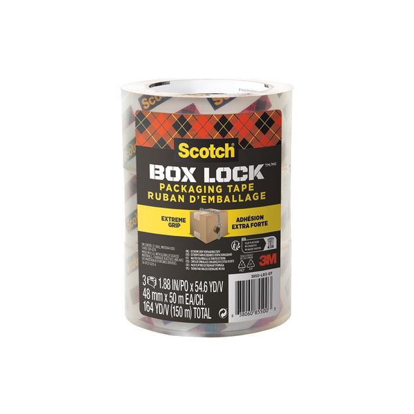 Scotch Box Lock Packaging Tape, 3 Rolls , 48 mm x 50 m - Strong Clear Packing Tape, Ideal for Packing Boxes and Parcels