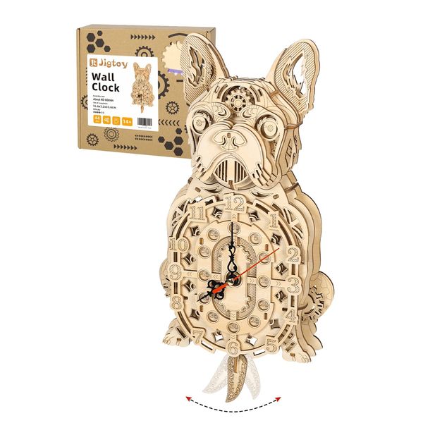 Wooden 3D Puzzles for Adults: Mechanical Bulldog Clock Model - Christmas-Themed Wooden Clock Kits to Build with Wall Clock Pendulum