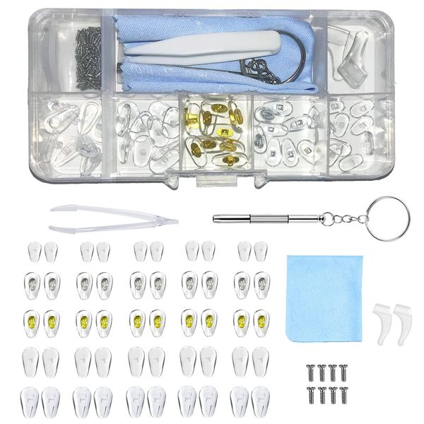 50pcs Spectacle Repair Kit,25 Pairs Push Silicone Glasses Nose Pads,Nose Pads for Glasses Push fit for Glasses PVC Silicone Glasses Screws Tweezers Mirror Cloth Glasses Repair Kit