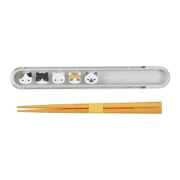 LIV HEART 18112-02 Nemu Nemu Animals CAT Chopsticks & Chopsticks Case Set, Lunch Goods, Total Length Approx. 7.1 inches (18 cm), Bento Box, Made in Japan