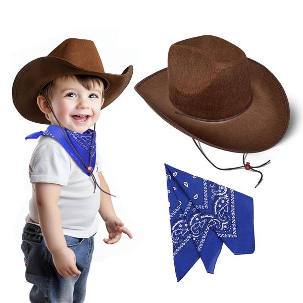 SeptCity Toddler Cowboy Hat and Blue Bandana for Age 2-5, Cowgirl Costume Set for Boys and Girls, Pretend Play Dress Up Cosplay Accessories for Halloween Birthday Western Parties