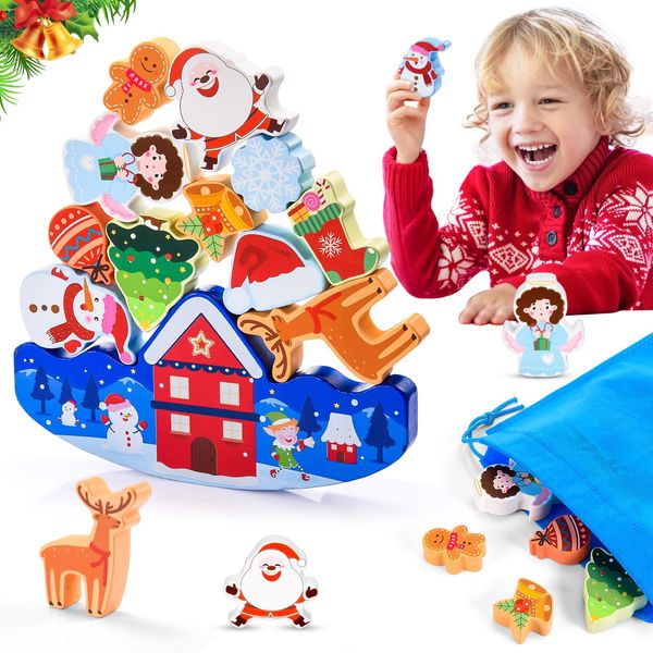 IPOURUP Christmas Stacking Toys for Kids 3-10 Kids Wooden Blocks Toy Christmas Birthday Gifts for 4 5 6 7 8 9 10 Year Old Boys Girls Toy Balance Competition Game for Kid Ages 5-7 Stocking Stuffers