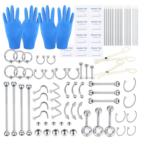 BLZ 90PCS Mixed-pack Piercing Kit Stainless Steel 14G 16G 18G 20G Piercing Needle with Nose Septum Lip Tongue Tragus Cartilage Daith Eyebrow Belly Button Rings Retainer Piercing Jewelry silver