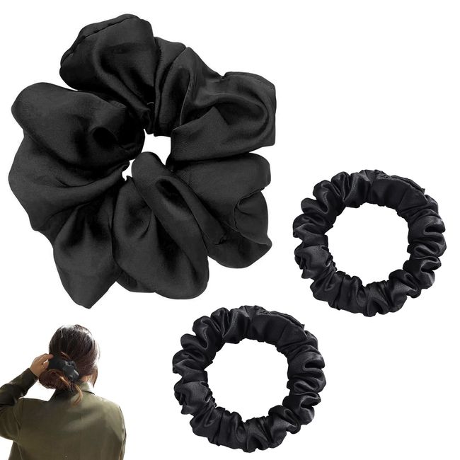 JeoPoom Silk Hair Rope[3 Pieces], 11cm and 6cm Silk Hair Rope, Regular Donut Hair Ties, Silk Scrunchies for Women, Girls, Ladies(Black)