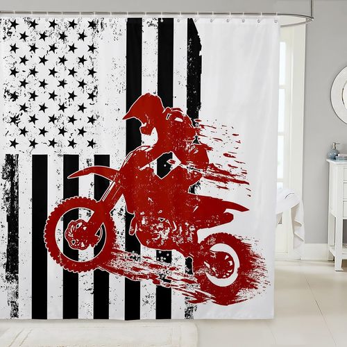 American Flag Bathtubs Shower Curtain Set Motocross Rider Shower Curtain for Boys,United States Flag Black White Bath Curtain Speed Dirt Bike Bathroom Motorbike Kids Car Theme Toilet Decor 72"Wx72"L