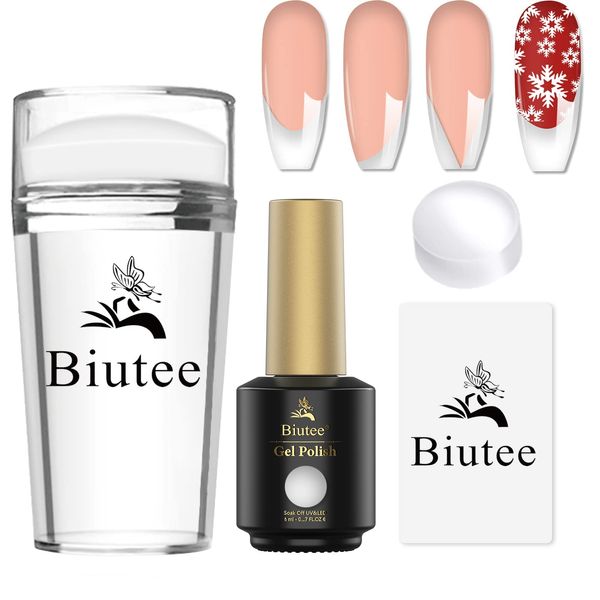 Biutee Nail Stamper Kit Punta Francese Nail Tool 4 Pz Nail Art Stamps Bianco Nail Gel Polish Silicone Chiaro Nail Stamping Set per Manicure Francese Casa DIY Nail Art Salon