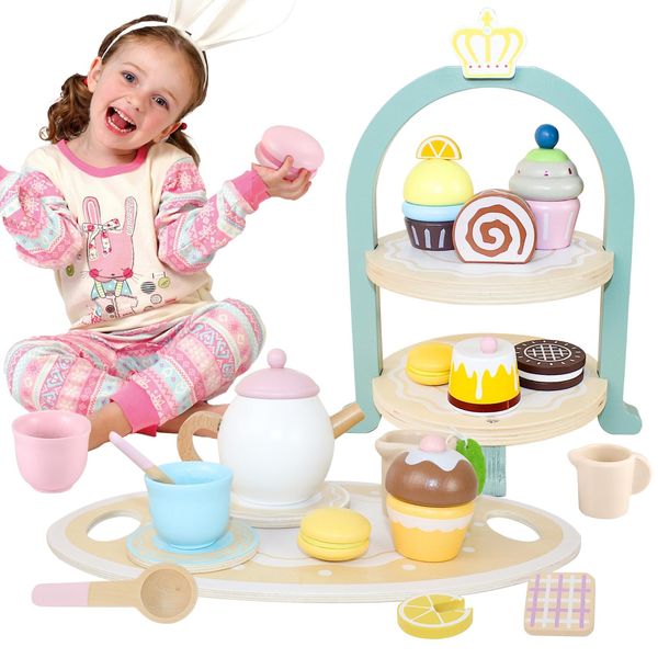 Adevena Wooden Tea Party Set for Little Girls, Toys Toddler Tea Set with Pretend Play Toy Cookies & Cake Stand, Kids Kitchen Playset Wooden Toys Birthday Gift for 2 3 4 5 6 Year Old Girls Boys