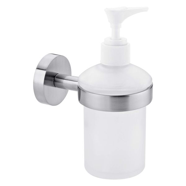 tesa MOON Hand Soap Dispenser - No Drill Wall Mounted Chrome-Plated Dispenser Holder for 200 ml Liquid Soap with Satined Glass Bottle, Stainless - Includes Removable Adhesive Solution