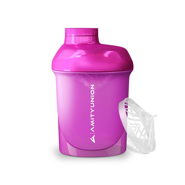 Frauen Protein Shaker 400 ml Pink Deluxe - ORIGINAL AMITYUNION - Eiweiß Shaker auslaufsicher - BPA frei mit Sieb, Skala für Cremige Whey Shakes, Gym Fitness Becher für Isolate und Sport Konzentrate