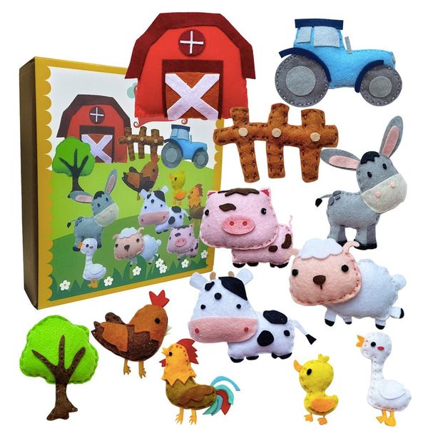 MOVEBO ﻿ 1 Set/12PCS Felt DIY Sewing Crafts Kit for Kids Ages 6-12 Create Adorable Plush Farm Animals - Includes Pig,Sheep,Cow,Chickens - Fun DIY Sewing Felt Plush Animals Set (Farm Animal)