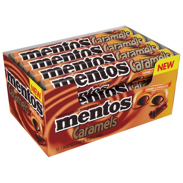 MENTOS CANDY ROLL, CARAMEL & CHOCOLATE, NON MELTING, 1.34 Ounce (Pack of 12)