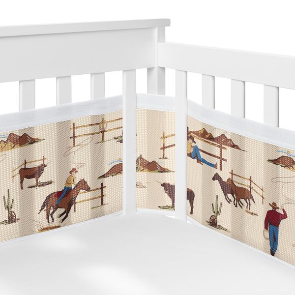 Sweet Jojo Designs + BreathableBaby Tan Brown Western Cowboy Boy Girl Gender Neutral Breathable Mesh Crib Liner Anti-Bumper Baby Infant Wild West Southern Horse Cow Animal Desert Brown Red White Blue