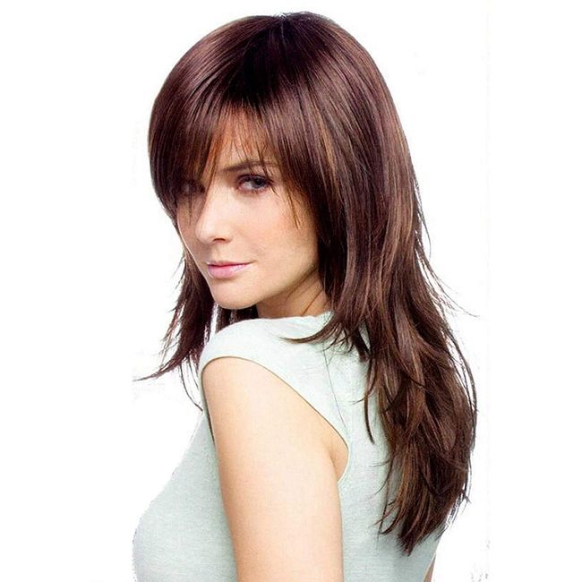 Forever Young UK Ladies Fashion Wig Chocolate Red Brown Mix Long Layered Wig with Bangs