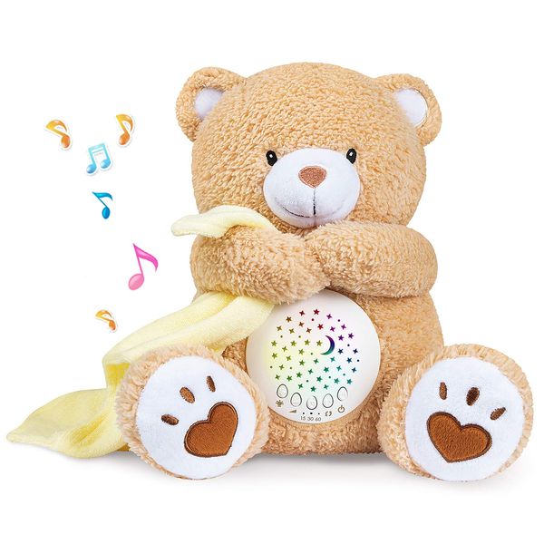 BEREST Baby Sleep Soother Happy Bear, Mom's Heartbeat Bear Lullabies White Noise Machine, Nursery Decor Night Light Projector, Toddler Crib Sleeping Aid, Baby Shower Gifts Portable Teddy