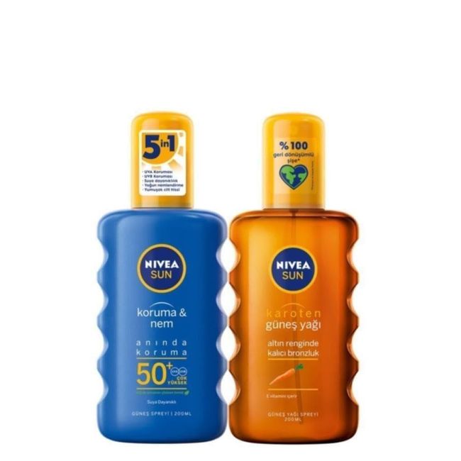 NIVEA Sun SPF 50+ Koruma & 48 Saat Nemlendirme Güneş Kremi Sprey 200 ml ve NIVEA Karoten Özlü Yoğun Bronzlaştırıcı Sprey Güneş Yağı 200 ml