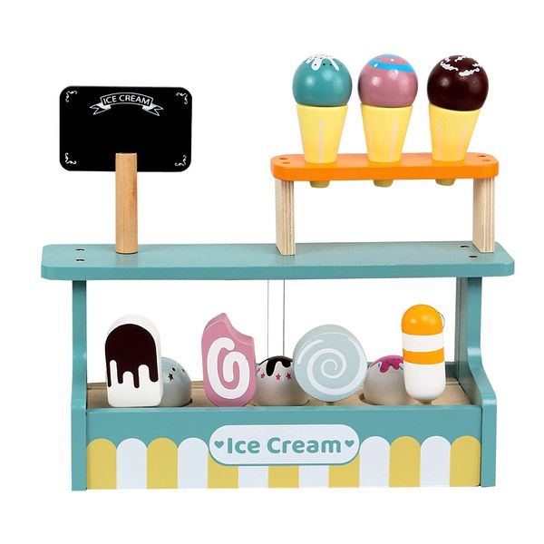 Wooden Ice Cream Toy Play Set, Ice Cream Truck Shop Stand Toys for Toddlers, Montessori Play Kitchen Accessories Wooden Food Set for Kids, Pretend Play for Toddlers