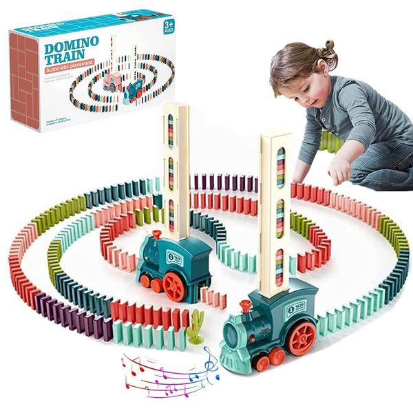 Winnsell Domino Train Toy Set with 100Pcs Domino Blocks, Automatic Domino Train for 3 4 5 6 7 Years Old, Dominoes Rally Train Sets for Boys Girls Kids（100pcs Blocks）