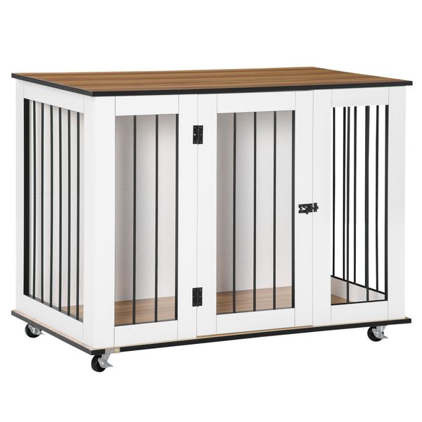 Dog Crate Cage Furniture End Table with Wheels & Big Tabletop Indoor Pet Kennel