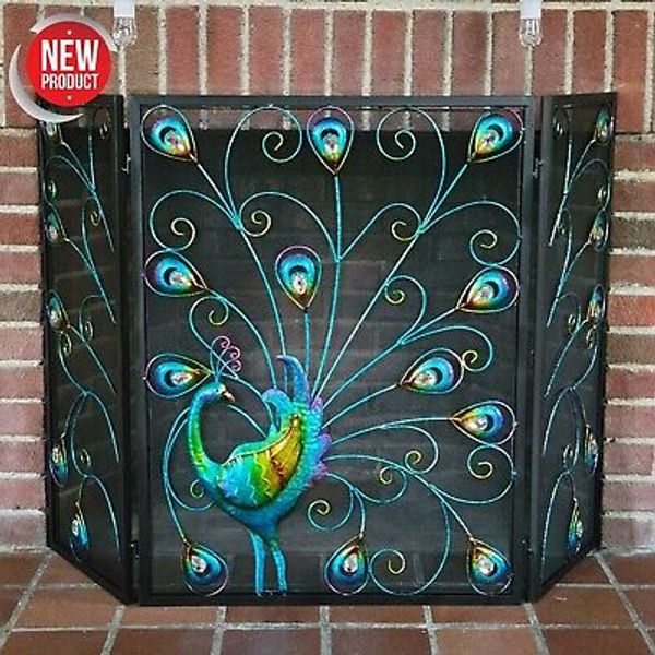 Teal Peacock Metal Fireplace Screen Folding Gate Elegant Look Living Room Decor