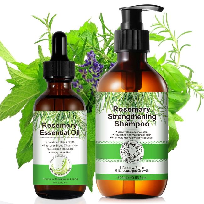 Rosemary Oil for Hair Growth + Rosemary Shampoo for Hair Growth (10.56 fl.oz), 100% Pure Natural, Hair Regrowth Treatment, Organic Rosemary Oil Shampoo Set for Hair Thinning & Hair Loss