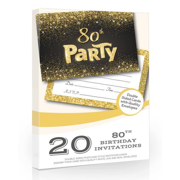 Olivia Samuel 20 x Black and Gold Effect 80th Birthday Party Invitations from Ready to Write with Envelopes