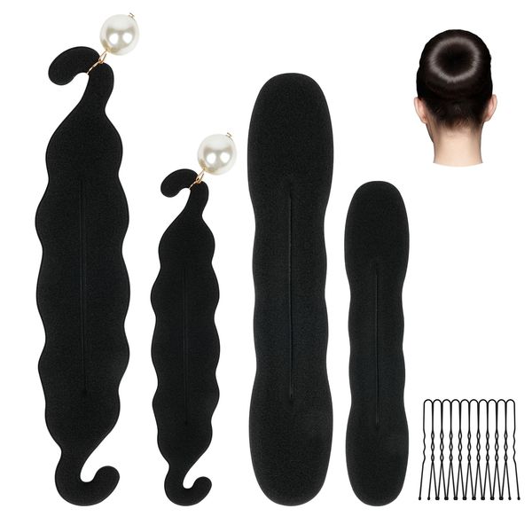 URAQT 4 Pcs Pearl Hair Bun Maker, French Hairstyle Easy Doughnut Styling DIY Bands, Foam Sponge Donut Maker Set for Making DIY Hair Styles, Black Magic Hair Twist Styling for Girls or Women