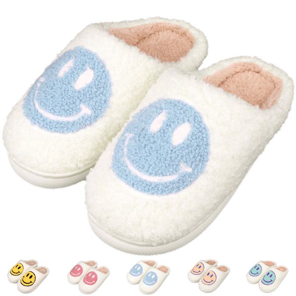 ZICKYO Kids Slippers Boys Girls Cute Happy Face House Slippers Warm Soft Plush Non-Slip Indoor Outdoor Slip-on Shoes White Blue 3-4 Big Kid