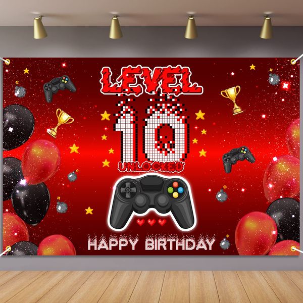 Level 10 Unlocked Backdrop Banner Decorations Video Game On Happy 10th Birthday for Boys Kids Red and Black 10 Years Old Level Up Theme Bday Background Photography Party Decor Sign Supplies