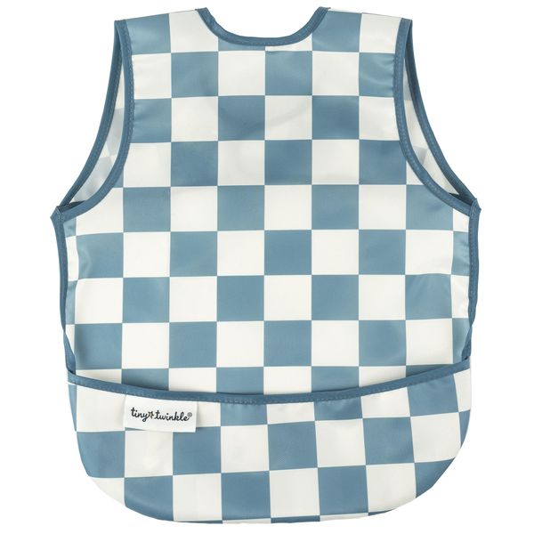 Tiny Twinkle Mess Proof Baby Bib - Waterproof Baby Apron - Machine Washable - PVC, BPA, & Phthalate Free - Great Travel Bib for Baby Eating - Baby Food Bibs (Blue Steel Checkers, Small 6-24 Months)