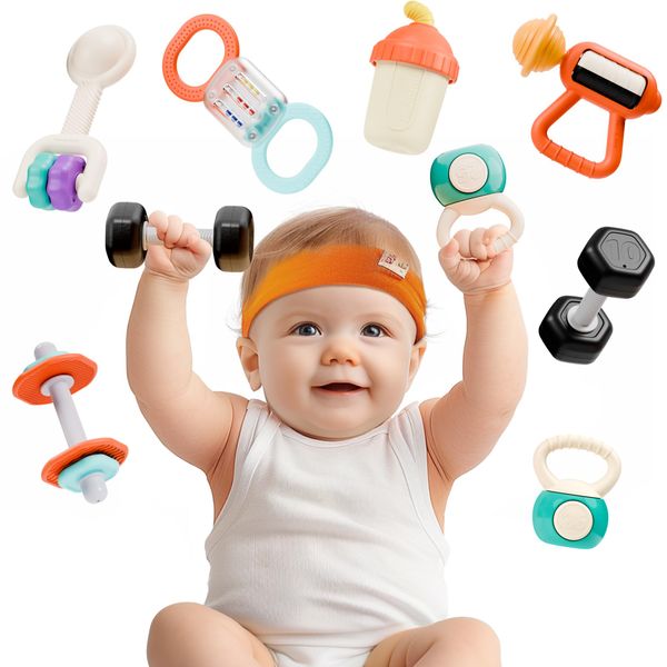 iPlay, iLearn 7P Baby Gym Rattle Toy, Infant Teething Rattle Set 3-6 Month, Newborn Dumbbell Rattle, Carseat Stroller Toy Babies 6-12 First Stocking Stuffer Shower Gift 4 5 8 9 10 18M Toddler Boy Girl