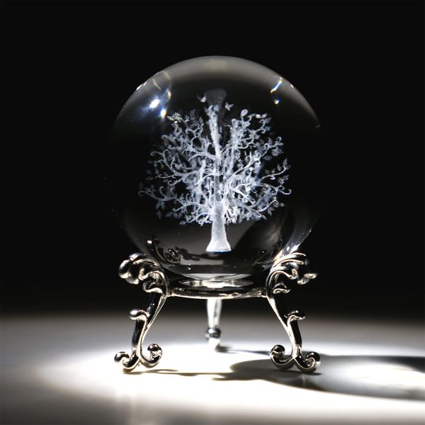 ZEERSHEE 60mm The Tree of Life 3D Crystal Ball with Stand Laser Engraved Life Tree Glass Paperweights Healing Ball Christmas Art Decor Crafts Gift