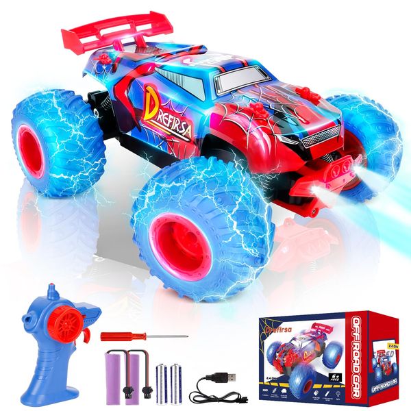 Drefirsa Spider Hero Remote Control Car for Boys Age 6-12, 20KM/h Fast Remote Control Truck, 1:18, 2WD Off Road RC Monster Truck with Bodylight, Headlight, Birthday Gift Toy for Boys