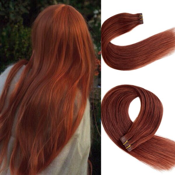 Munx Real Hair Extension Dark Auburn Tape in Human Hair Extension 18inch 20pcs 40g Tape in Remy Silky Straight Natural Hair Extensions