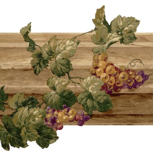 CONCORD WALLCOVERINGS ™ Wallpaper Border Fruits Pattern Grapes Leaves on Beam, Die Cut Edges for Kitchen Dining Area Cottage Farmhouse, Brown Green Purple, 15 ft by 10.6 in AU5163B