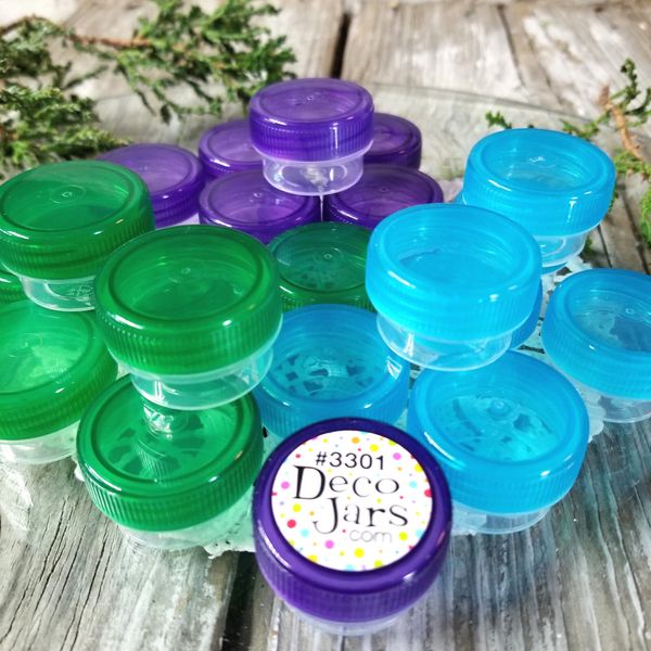 12 Mini Jars green aqua purple 1/4 oz cap posh 1tsp 3301 Container DecoJars USA