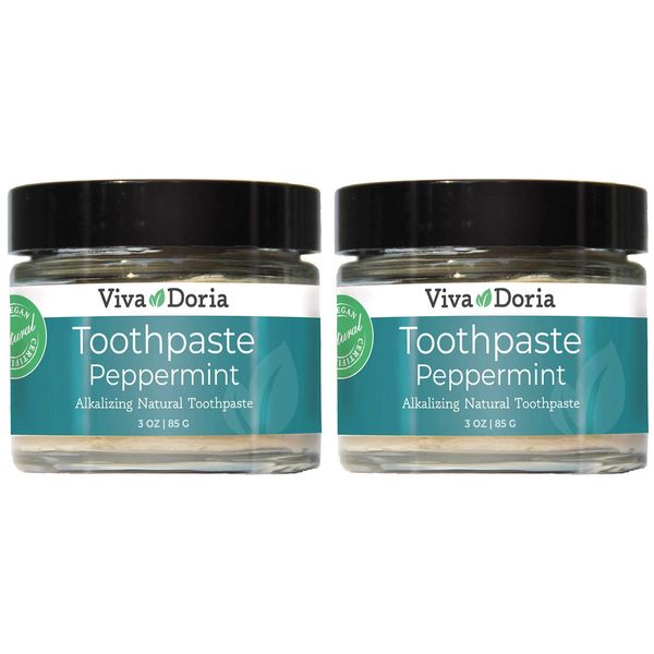 Viva Doria Remineralizing Toothpaste Peppermint | Natural Whitening Toothpaste | Fluoride Free Toothpaste, 3 Oz Glass Jar, 2 Pack