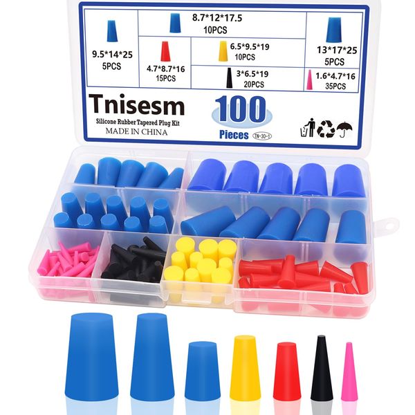 Tnisesm 100Pcs Silicone Rubber Tapered Plug Assortment Kits 1/16" to 1/2" for Masking Off Holes During Powder Coating, Painting, Hydro Dipping, Media Blasting