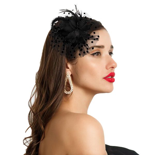 GEEHUA Fascinators Hats for Women Tea Party, Headband Flower Cocktail Mesh Feather Hat Clip Wedding Carnival Derby Hat (Black)