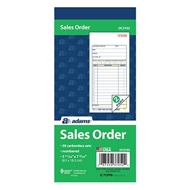 Adams Sales Order Book, 2-Part, Carbonless, White/Canary, 3-11/32 x 7-3/16 Inches, 50 Sets per Book (DC3705)