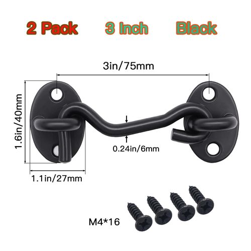 Joyangy 2 Pack 3 Inch Black Stainless Steel Hook and Eye Latch, Heavy Duty Barn Door Lock for Gates, Sheds, Windows, Fences, Cabin - Solid Thicken Privacy Latch with Mounting Screws