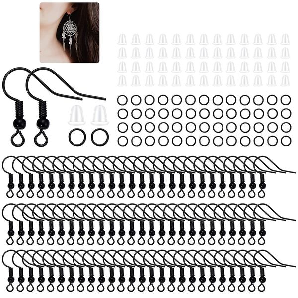 St.Kunkka 600Pcs Hypoallergenic Earring Hooks, Black Earring Making Kit, Earring Making Supplies with Earring Backs and Jump Rings for Jewelry Making (Black)