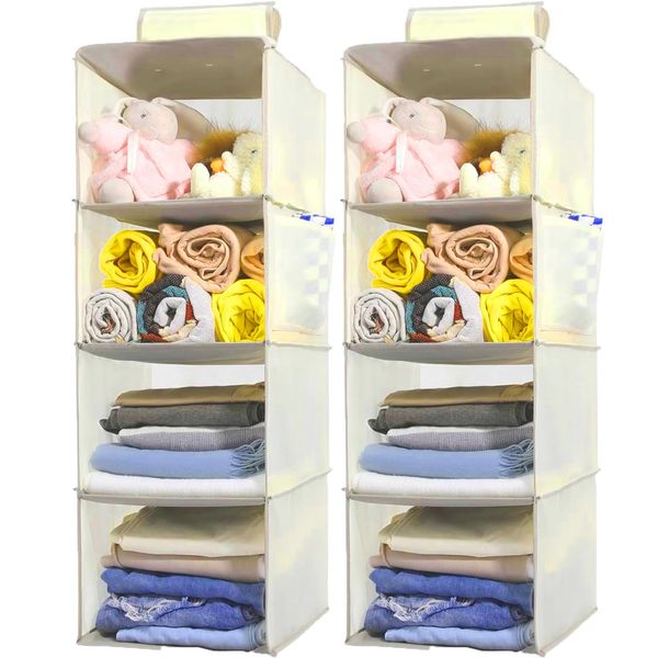 YRCBEHFU Hanging Storage, 4 Tiers, 2023 Bamboo Natural Edition, Closet, Storage Hanging, 2 Pieces, Large Capacity, Clothes Rack, Hat/Bag, Easy Installation, Foldable, Storage/Travel/Business Trip, Beige, 2#4 Tiers, Beige, 11.8 x 11.8 x 31.5 inches (30 x 3